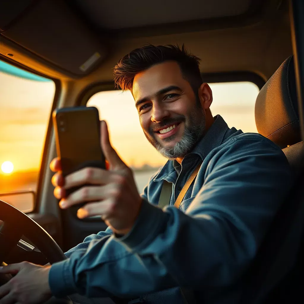 Caminhoneiro recebendo frete pelo celular